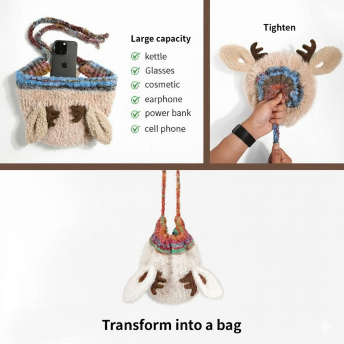 SnugDeer™ Fluffy Winter Antler Hat - Stay Warm & Cute All Winter + Converts Into a Storage Bag